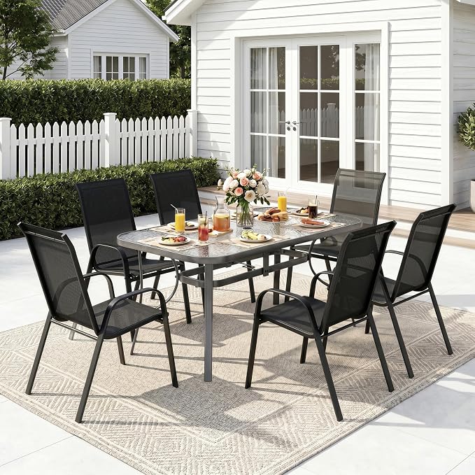 MAMIZO 7 Pieces Patio Dining Set for 6, Outdoor Table and Chairs w/Rectangle Glass Table and 6 Textilene Stackable Chairs, Patio Furniture Set w/1.69" Umbrella Hole (Grey Table & Black Chair)