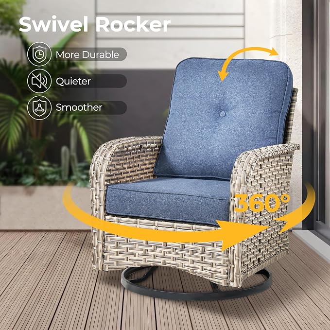 HOOOWOOO Outdoor Sectional Patio Furniture Set with Fire Pit Table,13 Pieces Wicker Conversation Sets L Shaped Couch,Extra Deep Out Door Sofa Outside Furniture with Swivel Chairs Ottoman,Denim Blue
