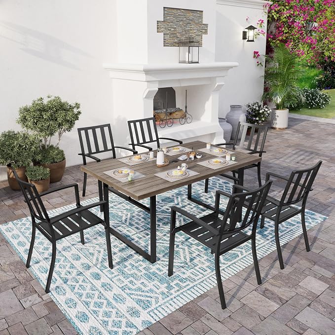 SUNSHINE VALLEY 7 Piece Patio Dining Set for 6, 64x38 Wood-Like Metal Table with Umbrella Hole and 6 Pcs Rust-Proof Stackable Chairs, Outdoor Table and Chairs Set for Backyard Garden Deck (Style 1) | 64x38 Table&6 Pcs Rust-Proof Stackable Chairs, Outdo...