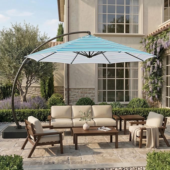 11 FT Cantilever Umbrella with Base Included, Large Round 360° Rotation Offset Umbrella Outdoor Patio, Heavy Duty Aluminum Frame, Sand-Weighted Stand, for Deck, Backyard, Pool, Garden (Blue and green stripes)