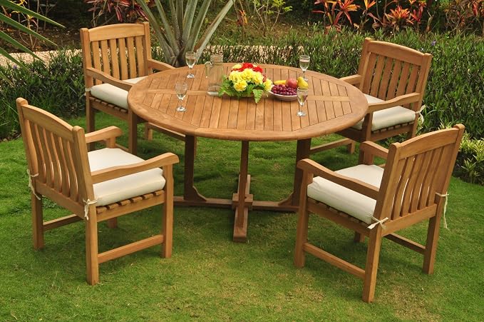 New 5 Pc Luxurious Grade-A Teak Wood Outdoor Dining Set - 60" Round Dining Table and 4 Devon Arm/Captain Chairs #WHDSDVl