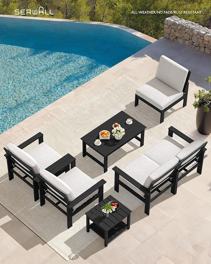 SERWALL HDPE Outdoor Couch with Coffee Table & Side Table & 15FT Umbrella