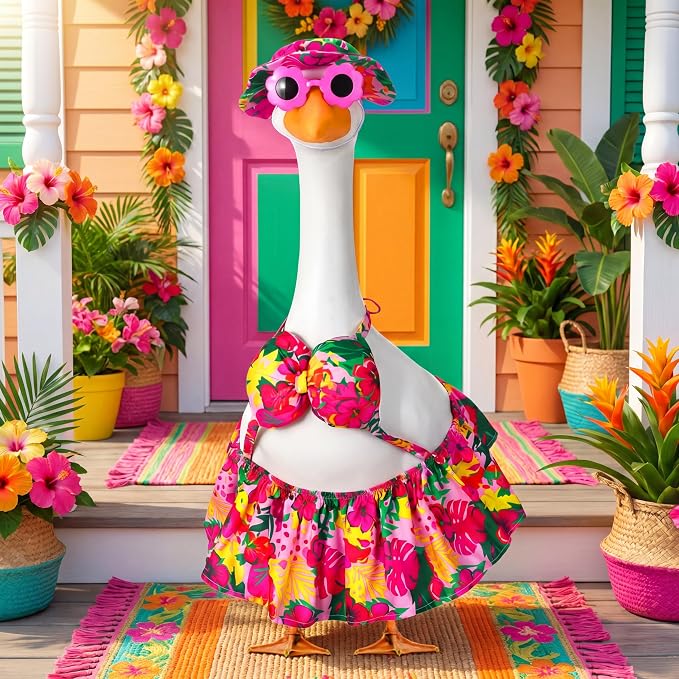 Abbylike Summer Porch Goose Outfits Bikini Hawaiian Tropical Printed Goose Clothes Fits Large 23'' Cement Plastic Statue for Front Door Outdoor Garden Patio Yard Pathway Art Decoration