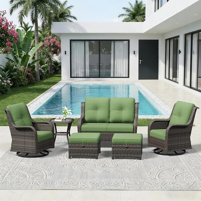 6 Piece Outdoor Wicker Patio Furniture Set, Outdoor Swivel Rocker Patio Chairs Set with Thickened Olefin Cushions, High Back and Deep Seating, Hand-Woven PE Rattan for Porch, Deck