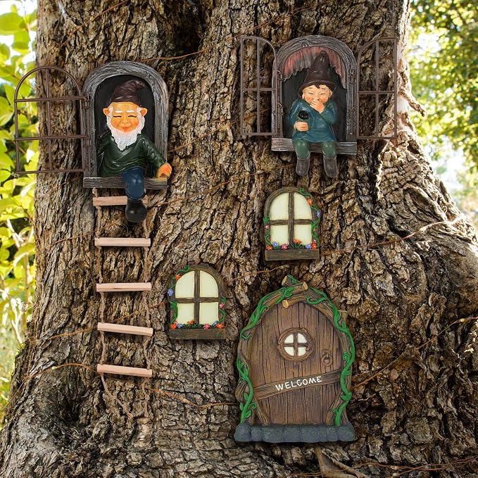 7 Pcs Fairy Garden Accessories Tree Hugger Gnome Statue Tree Faces | Fairy Door Window Set Dwarf Elf Landscape Figurine Out The Door Resin Sculpture Hanging Decor for Trees Outdoor Decor