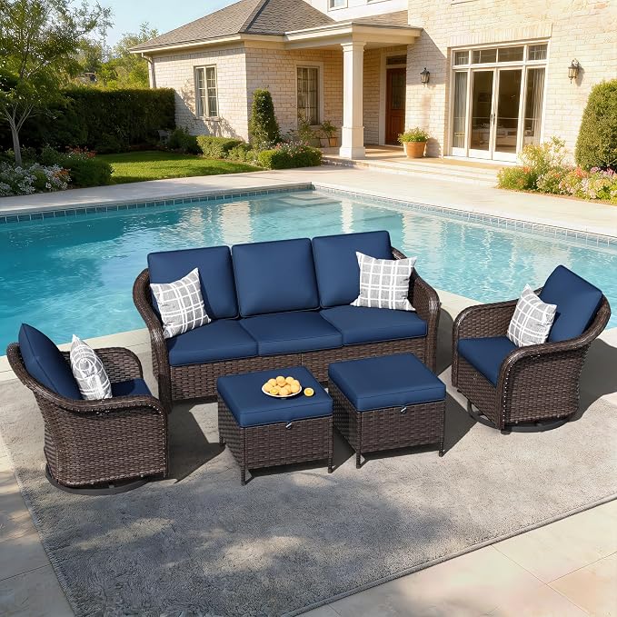 5 PCS Outdoor Conversation Set | 78" Couch, 2 Swivel Chairs, 2 Ottomans, Patio Wicker Conversation Furniture with Removable Cushions for Bistro, Deck, Sunroom (Navy Blue)