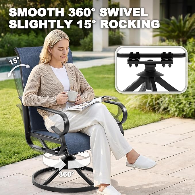 NUU GARDEN 5-Piece Outdoor Dining Set, Metal Swivel Chairs for 4 | All-weather blue patio furniture set for 4. Breathable textilene swivel rockers. Metal table with umbrella hole