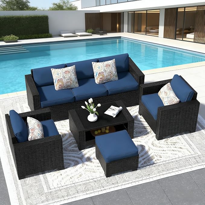 SHGJ&SOFT 7 Piece Outdoor Patio Furniture Set, Wicker Outdoor Sectional Sofa with Washable Cushion Covers and Tempered Glass Table, Rattan Conversation Set for Poolside,Balcony, Porch, Garden