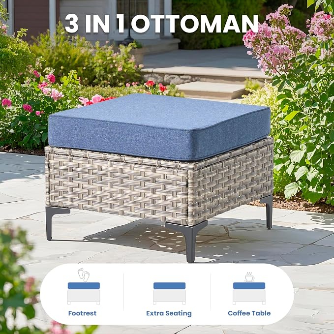 9 Pcs Patio Outdoor Furniture Set - All Weather Wicker Outdoor Sectional Sofa Couch with Swivel Fire Pit Table and Rocking Chairs e,Patio Rattan Conversation Set for Garden Deck Yard,Denim Blue