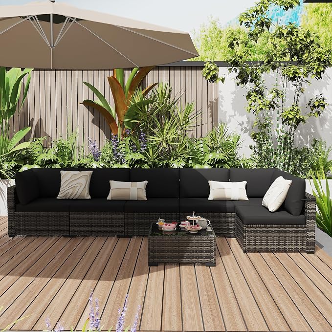 KIGOTY 7-Piece Patio Furniture Set, All-Weather PE Rattan Outdoor Sectional Sofa, Modular Wicker Conversation Set with Thick Cushions & Easy-Clean Coffee Table(Beige Black/Black)