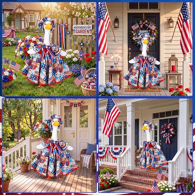 Abbylike 4th of July Porch Goose Outfit Patriotic American Flag Red Blue White Lawn Goose Clothes Fits 23 Inch Cement Statue Geese Costume for 250th Independence Day Outdoor Garden Yard Patio Decor