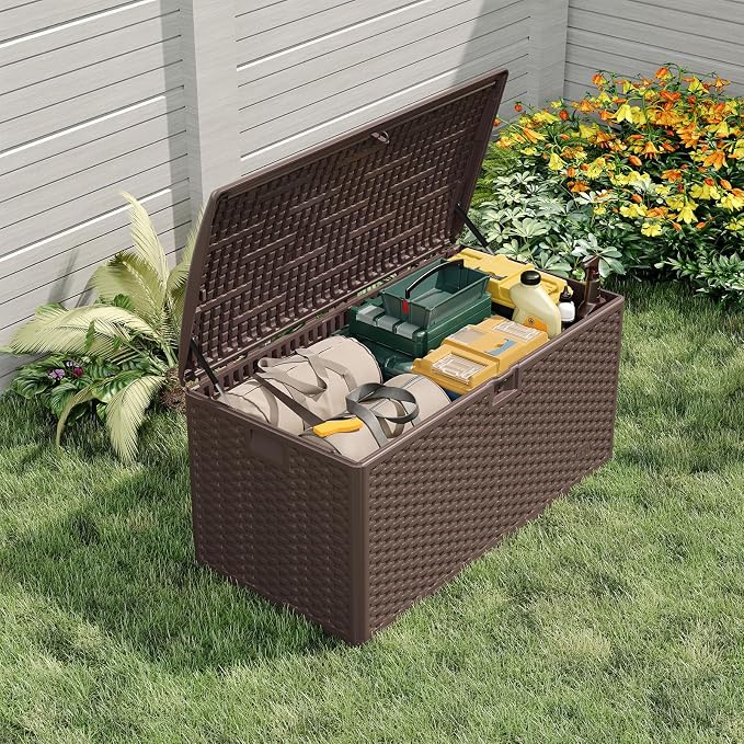 120 Gallon All-Weather Deck Box with Locking Lid, Heavy-Duty Outdoor Storage Bench for Patio Cushions, Pool Accessories, Yard Tools and Porch Essentials, UV-Protected Resin Chest for Indoor/Outdoor Us