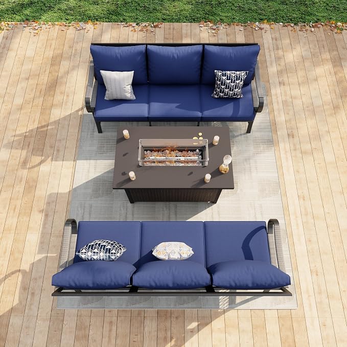 3 Pieces Patio Furniture Set, Metal Outdoor Conversation Sets with Fire Pit Table for Backyard Garden Deck Porch Poolside (Thick Blue Cushions)
