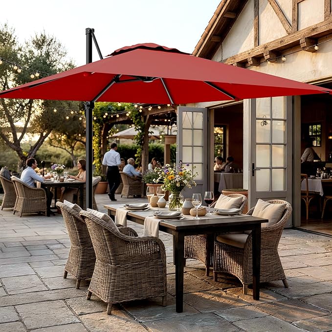 AreShark 10 X 10 FT Cantilever Patio Umbrella, 360-Degree Rotation Square Hanging Offset Umbrella with Crank, Heavy Duty Patio Umbrella for Patio, Pool, Garden, Deck, Red