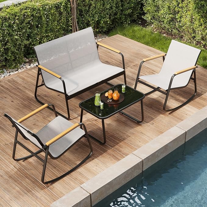 Ahomly 4-Piece Outdoor Patio Furniture Set, All Weather-Resistant Textile Fabric Outdoor Conversation Set with Coffee Table, Patio Rocking Chairs for Lawn, Balcony, Poolside (Grey)
