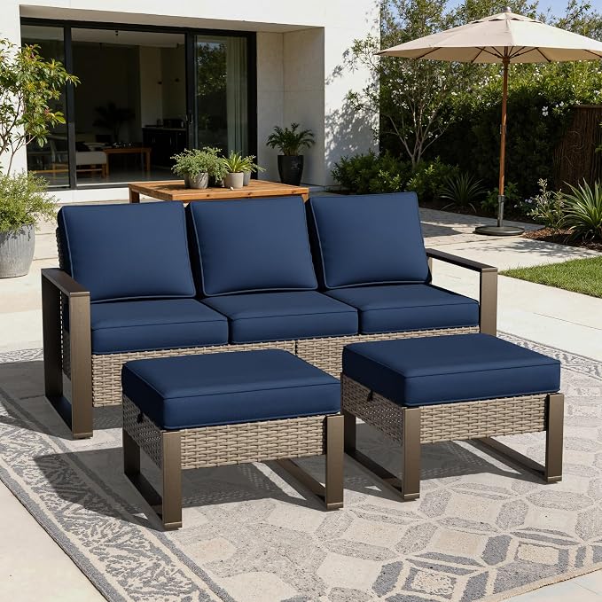 Joyside Outdoor Patio Sofa, 4 Pieces Wicker Rattan Furniture Set, 1 Patio Couch and 2 Ottoman, Metal Wide Armrest, Thick Cushions and Deep Seating for Garden, Backyard, Porch, Deck