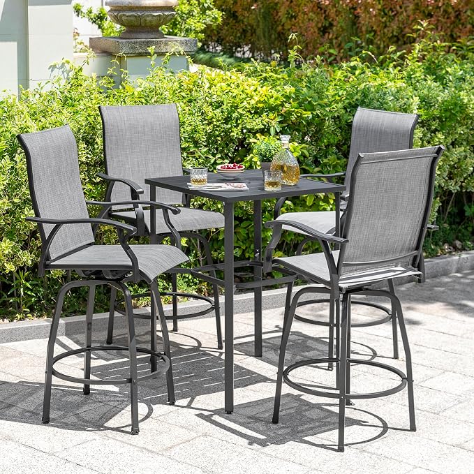 NUU GARDEN 5 Piece Patio Swivel Bar Set, All-Weather Textilene High Bistro Stools, Square Bar Table with Slatted Tabletop and Umbrella Hole for Sunroom, Backyard and Balcony
