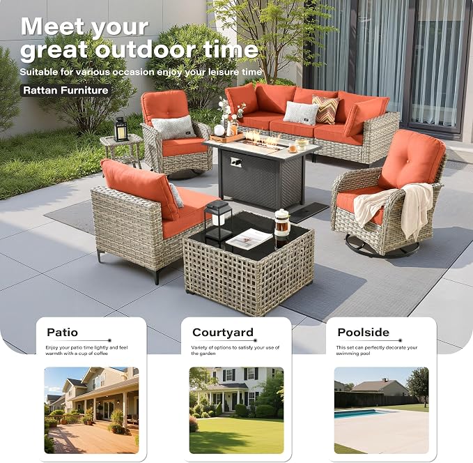 9 Pieces Outdoor Sectional Patio Furniture Set with 42" Fire Pit, Conversation Sets Rattan Wicker L Shaped Couch Swivel Rocking Chairs for Porch Balcony Backyard, Coarse Stripes Red