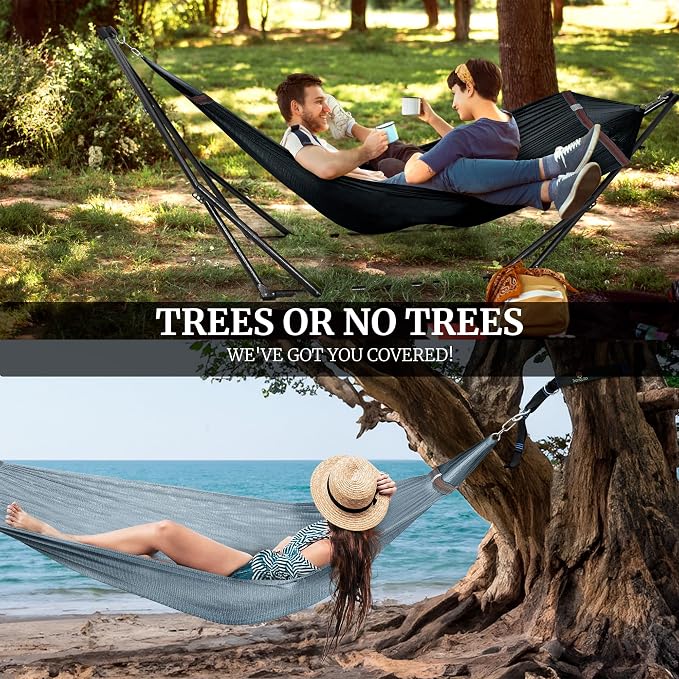 Tranquillo Combo x2 Hammocks with Stand for Outside & Tree Straps, Heavy Duty Hammock with Stand 600lbs for Indoor Outdoor Patio Backyard, x2 Hammocks for 2 Person (Combo - Black, Medium)