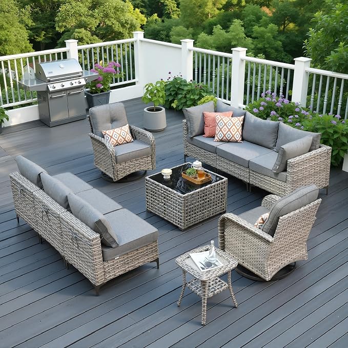 10 Pieces Patio Sectional Furniture Set, Outdoor Wicker Sectional Couch with High Back Swivel Rocker Chairs Solar Lights Table, Modern Conversation Set for Porch Balcony Backyard, Dark Gray