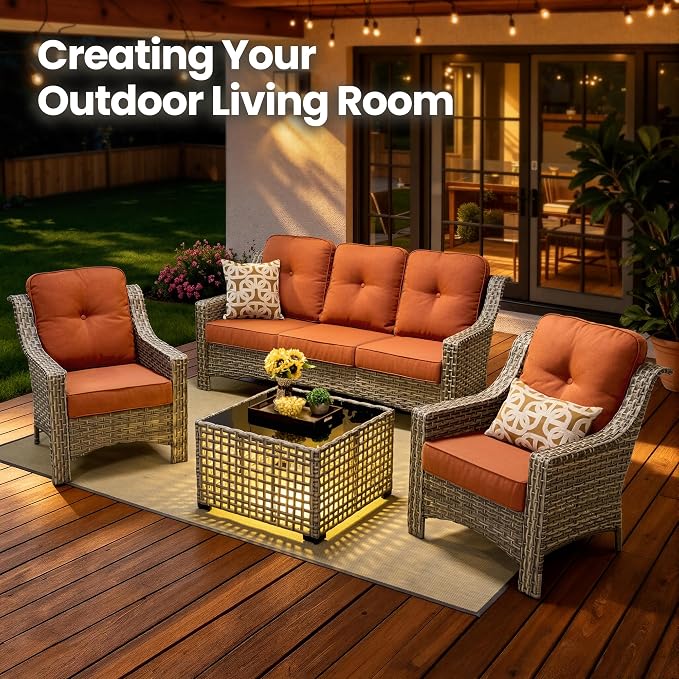 4 Piece Patio Furniture Set with Solar Light Coffee Table, Heavy Duty Wicker High Back Sofa Chairs with Thick Cushion, Small Outdoor Conversation Sets for Backyard Garden Porch, Bold Orange