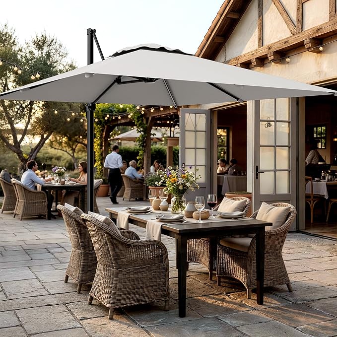 AreShark 10 X 10 FT Cantilever Patio Umbrella, 360-Degree Rotation Square Hanging Offset Umbrella with Crank, Heavy Duty Patio Umbrella for Patio, Pool, Garden, Deck, Light Grey