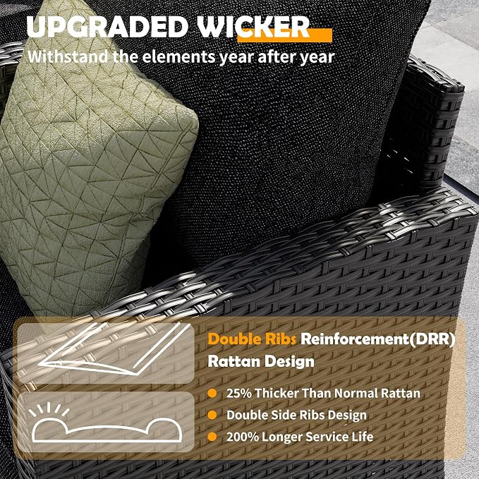 UDPATIO Patio Furniture Set with 44" Fire Pit Table, 8 Pieces Outdoor Sectional Conversation Sets, All-Weather Wicker Rattan Sofa Ottoman with 4" Thick Cushion for Garden Backyard Deck, Black