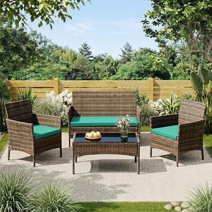 4 Pieces Outdoor Patio Furniture Set, Wicker Patio Conversation Set with Tea Table, All-Weather Outside Rattan Sectional Sofa for Backyard, Poolside, Garden, Balcony, Brown/Green