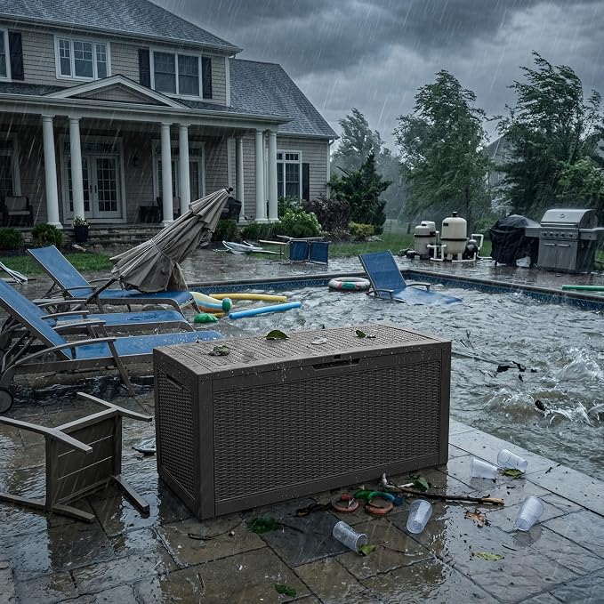 120 Gallon Outdoor Storage Deck Box Waterproof Resin Lockable Outside Bench Porch Patio Furniture Pool Float Garden Tool Cushion UV Resistant Bin Black
