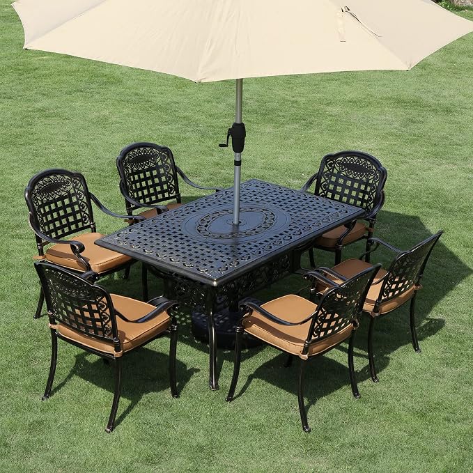 VIVIJASON 7-Piece Patio Furniture Dining Set, All-Weather Cast Aluminum Outdoor Conversation Set, Include 6 Cushioned Chairs and a Rectangle Table with Umbrella Hole for Balcony Lawn Garden Backyard