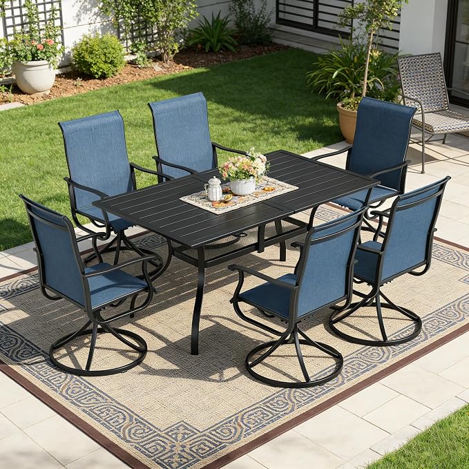 Crownland 7 Piece Furniture Patio Dining Set, 6 Swivel Metal Chairs and Rectangular Outdoor Dining Table with 1.57" Umbrella Hole, Outdoor Furniture Dining Set for Lawn, Backyard, Garden(Blue)