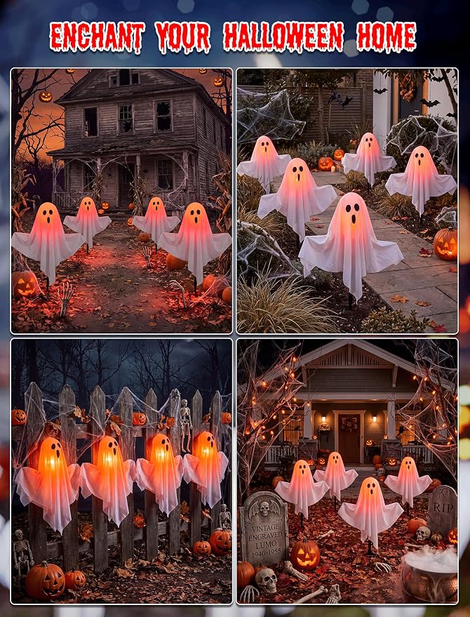11.5FT Halloween Ghost Pathway Lights Outdoor, 4 Pack Hanging Porch lights | Adjustable Arms,Shatterproof, Waterproof, Plug in Halloween Decorations Outdoor for Lawn Driveway Garden Yard Decor