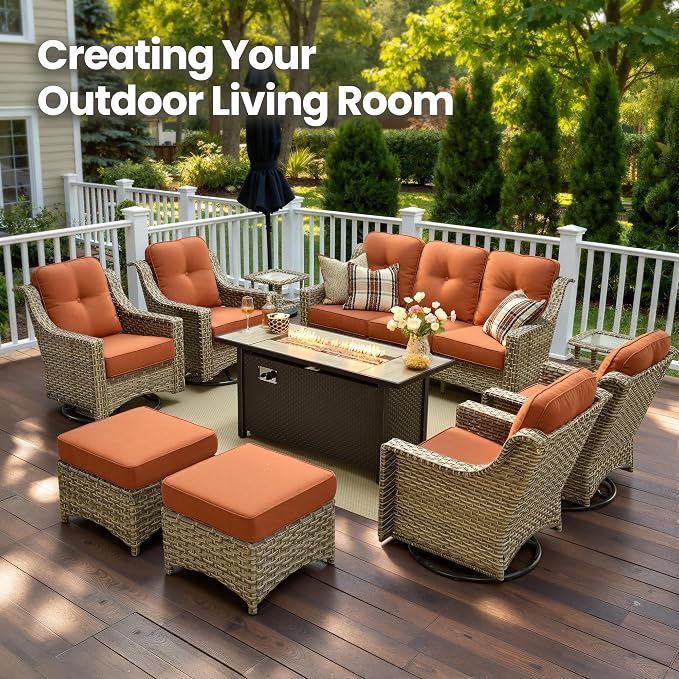 10 Piece Patio Furniture Set with Fire Pit Table, Outdoor Wicker High Back Sofa and Swivel Rocker Chairs Set of 4 with Ottoman, Large Conversation Sets for Backyard Deck Garden, Bold Orange