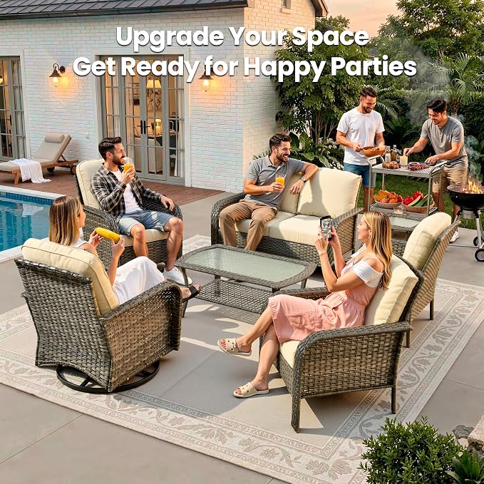 7 Piece Wicker Patio Furniture Set with Swivel Chairs,Beige | High Back Swivel Rocker Chairs, Outdoor Loveseat Sofa, Coffee Table, Rattan Conversation Set, Porch Deck Backyard Poolside