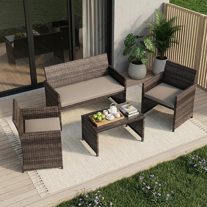 Garvee 4-Piece Patio Furniture Set, PE Rattan Outdoor Conversation Set with Cushions & Tempered Glass Table, All-Weather Wicker Patio Table and Chairs Set for Patio, Porch, Backyard, Brown and Grey