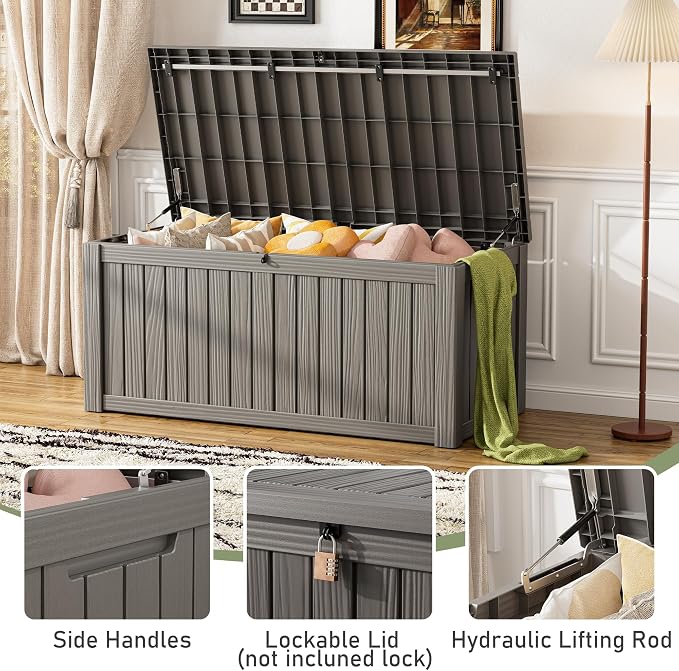 Outdoor Storage Box, 150 Gallon Resin Deck Boxes Outdoor Waterproof For Patio Furniture, Garden Tools, Pool Supplies, Lockable And UV Resistant (Striped Gray)