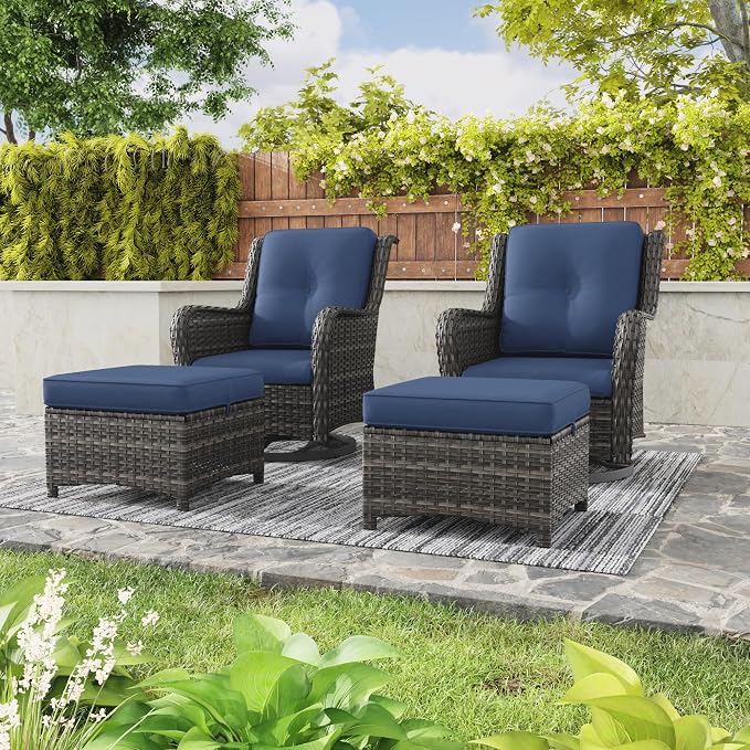 5 Piece Outdoor Patio Furniture Set Wicker Conversation Bistro Set Swivel Rocking Chairs with Side Table and Ottomans for Backyard, Porch, Deck(Mixed Grey/Blue)