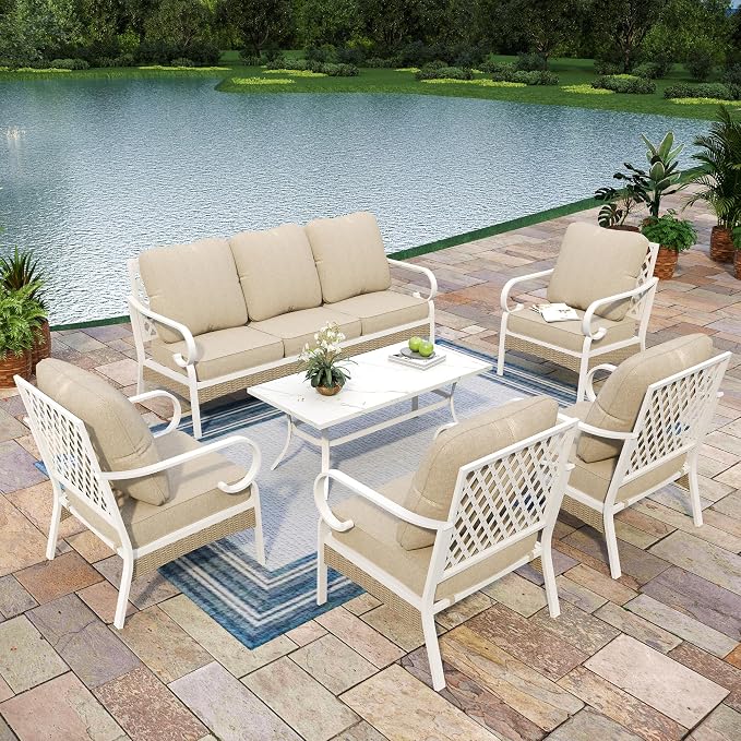 MIXPATIO 6 Piece Patio Furniture Set, 4 x Fixed Chair, 1 x 3-Seat Sofa with Marbling Coffee Table, All Cushioned 7 Seats Outdoor Conversation Set for Lawn Garden Backyard, Beige
