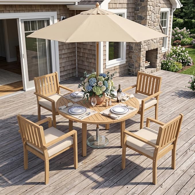 FansaFurn 5 Pieces Acacia Outdoor Patio Table and Chairs Set for All-Weather, Outside Furniture with Table Umbrella Hole and Removable Cushion for 4, Patio Table Set for Patio, Garden, Brown