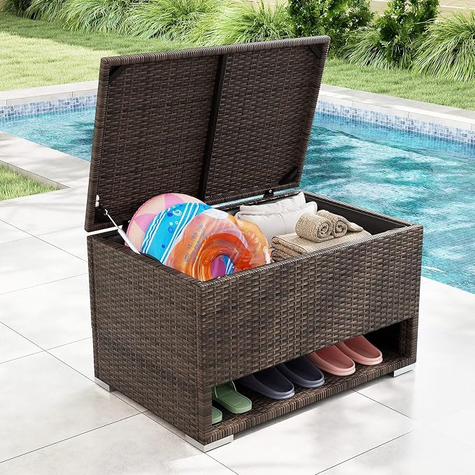 Tangkula 48 Gallon Rattan Outdoor Storage Box with Shoe Rack, Outdoor Storage Bin with Protective Liner, PE Wicker Deck Box for Patio Cushion Furniture, Pool Supplies and Garden Tools (48 Gallon)