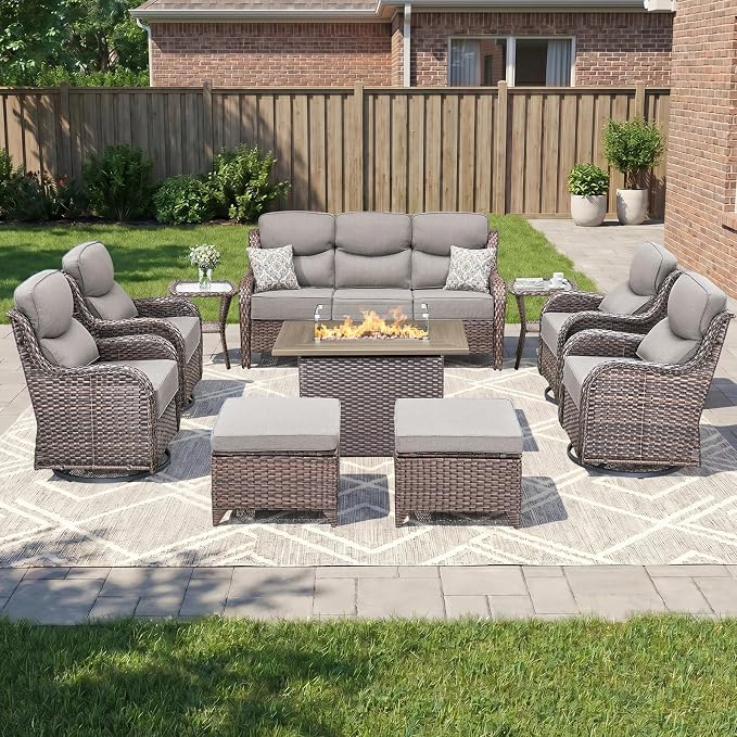 Luxury Patio Furniture Set 10pcs with 6-inch Thick Cushion, Outdoor Furniture with Fire Pit Table, Swivel Chairs, Sofa, Side Table, Ottomans, Patio Set for Deck Yard Brown Wicker | Grey Cushions