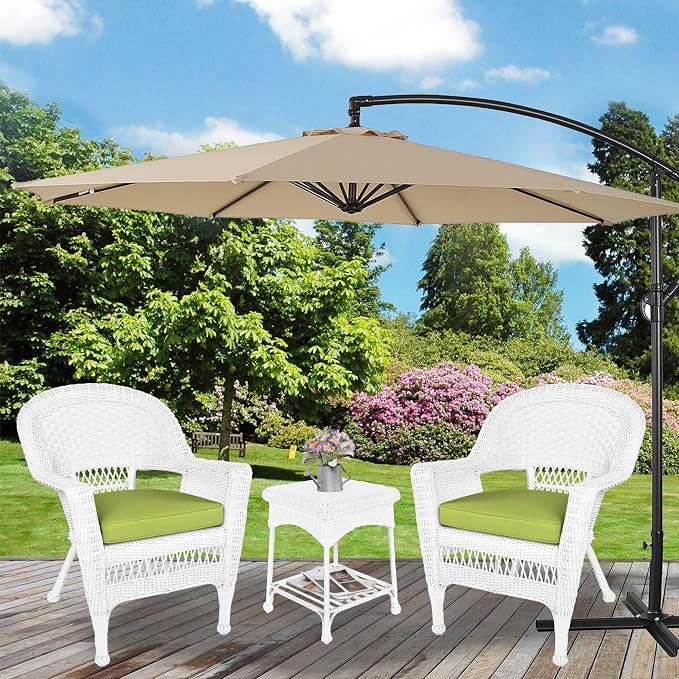 Jeco 3 Piece Wicker End Table Set with with Green Chair Cushion, White