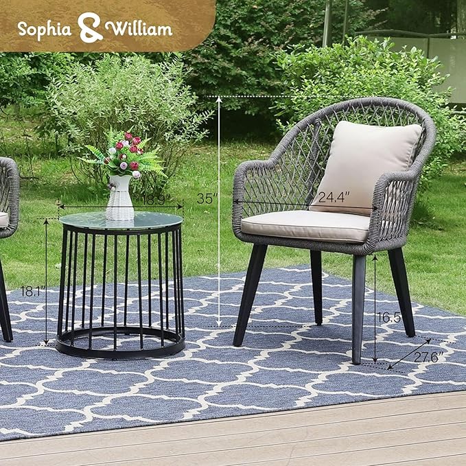 PHI VILLA 3-Piece Patio Conversation Bistro Chat Set All-Weather Wicker Outdoor Furniture for Small Patio, Porch, Balcony w/ 2 Wide Ergonomic Chairs, Glass Top Side Table (Grey)