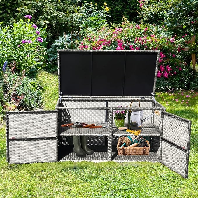Giantex Rattan Deck Box Outdoor&Indoor 88 Gallon Wicker Storage Box W/Separate Storage Shelf, Openable Door and Tools Storage for Patio,Garden, Balcony, Porch, Yard Rattan Storage Box (Gray)