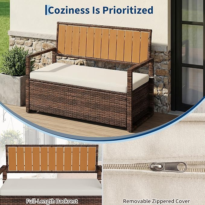 75 Gallon Outdoor Storage Bench with Cushion, 2-Seater PE Rattan Patio Storage Box with Backrest & Armrests, Weatherproof Lockable Deck Box for Garden, Balcony, Porch, Pool, Yard, Dark Brown