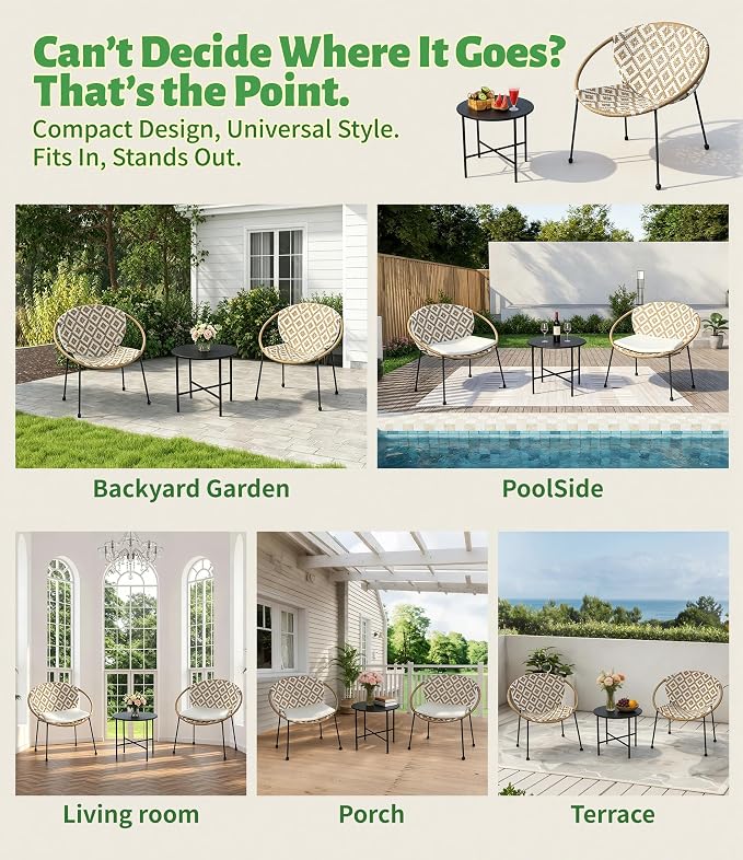 3-Piece Outdoor Patio Bistro Set, Wicker Chairs with Cushions, PE Rattan All-Weather Conversation Set with Coffee Table for Balcony, Porch, Backyard, Poolside, Garden, Deck, White