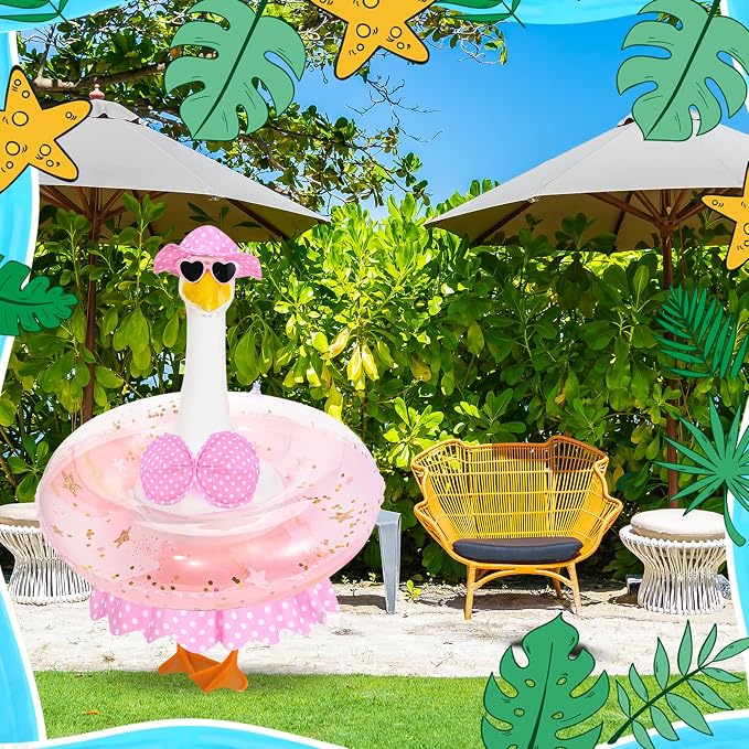 Hawaiian Porch Goose Outfits Summer Bikini Goose Outfit Fits 23" Goose Statue with Hat Sunglasses & Swimming Ring for Cement Yard Decor (Pink)