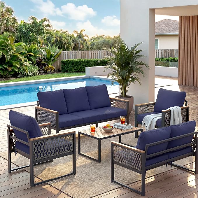 UPHA 5 Pieces Patio Furniture Set, Metal Outdoor Sectional Couch Set with Loveseat & 3-Seat Sofa, 2 Chairs, Coffee Table, Modern Patio Conversation Set for Porch Balcony Deck, 7 Seats, Navy Nlue