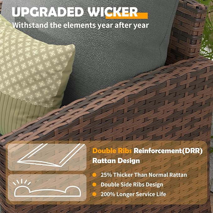 UDPATIO Patio Furniture Set, 6 Pieces Outdoor Sectional Couch with Swivel Rocking Chair, Brown Wicker Rattan Conversation Sofa, 4" Thick Cushion for Garden Backyard Deck, Dark Grey