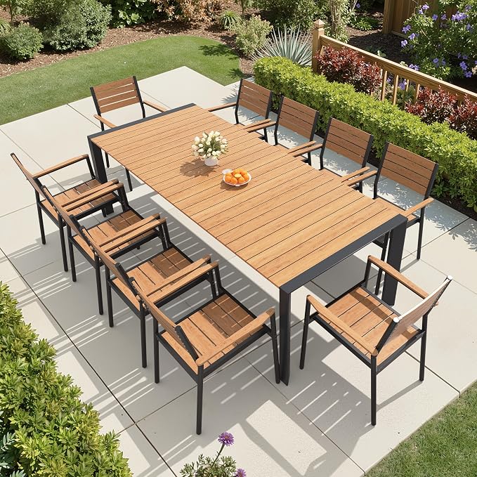 11-Piece Outdoor Dining Set, 95" Aluminum Table and Stackable Armchairs | Umbrella Hole and All-Weather WPC Rectangular Patio Furniture for 10 for Garden Patio Backyard (Brown)